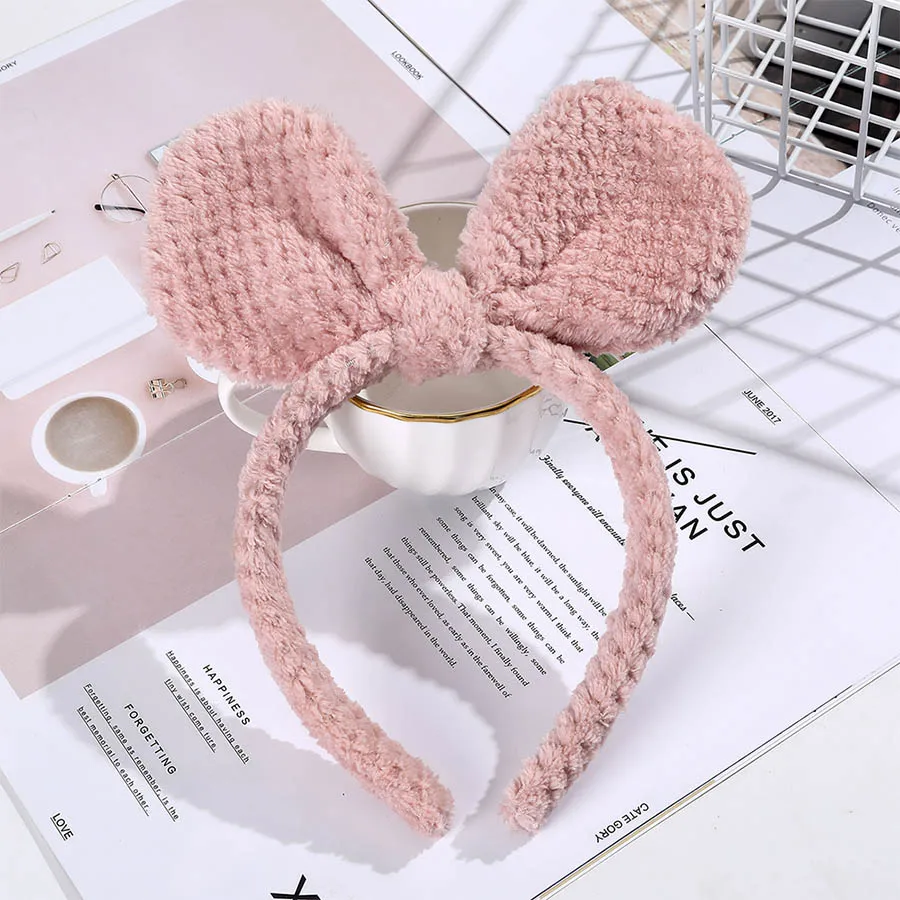 Haimeikang Fashion Rabbit Ear Headband Headdress Korean Cute Plush Bezel Rim Hairpin Tiara Ladies Solid Color Hair Accessories - Цвет: Розовый