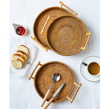 

1PCS Storage Basket Household Hand-woven Rattan Products Rattan Storage Tray Round Wicker Basket With Handle Home Decoration
