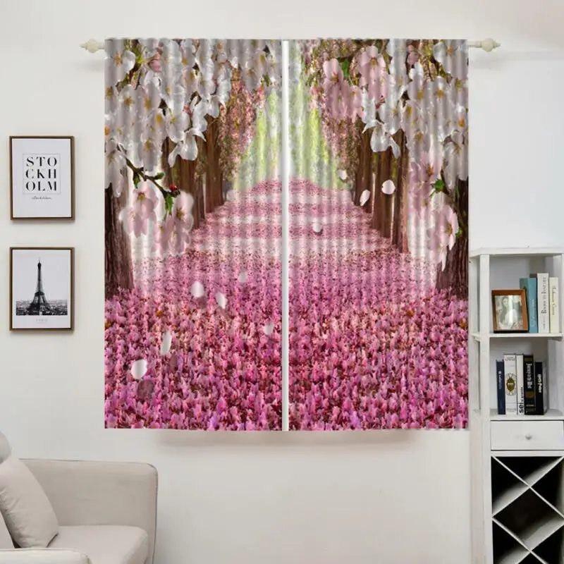 2pcs Set Panels Room Decoration Thermal Insulated 3D Window Curtain 55 x 39 Inch - Цвет: Cherry Blosssom Road