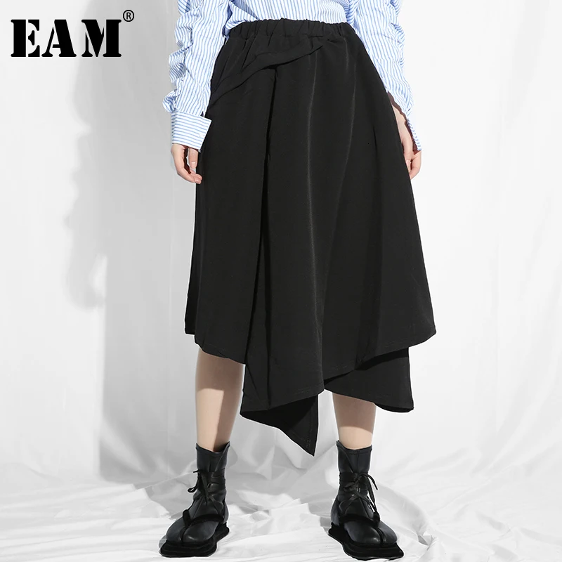 

[EAM] 2019 New Spring Summer High Elastic Waist Black Irregular Hem Split Joint Personality Half-body Skirt Women Fashion JE5400