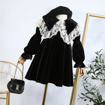 

Girls dress autumn and winter 2019 new foreign children's clothing gold velvet princess dress lace plus velvet winter dress
