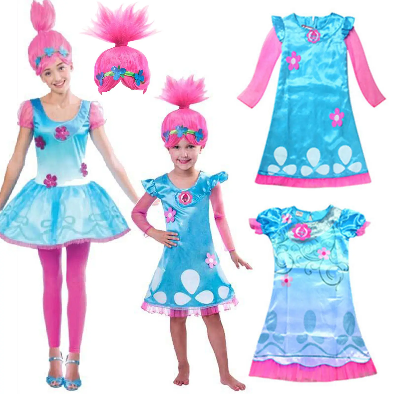Kids Trolls Costume /& Wig Girls Princess Poppy Cosplay Outfit Fancy Party Dress