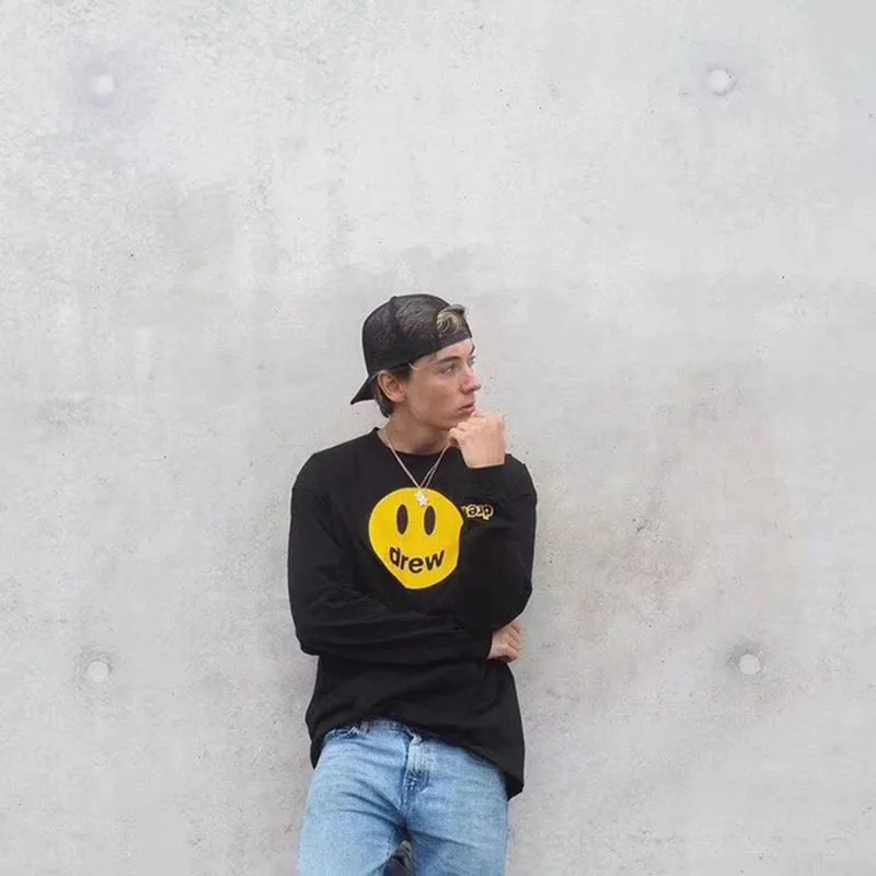 DREW Smiley четыре цвета футболка с длинным рукавом для мужчин и женщин Harajuku Свободная Повседневная футболка хип-хоп Покемон уличная Мужская футболка - Цвет: Черный