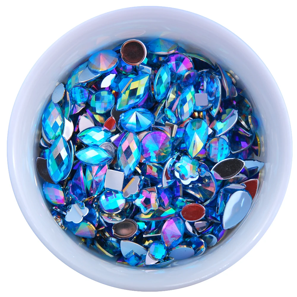Sky Blue Glitter AB Nail Art Crystal Rhinestones - 300Pcs Mixed Shape Flat Back 3D Decoration Stones