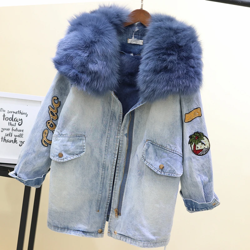 Vefadisa, зимняя джинсовая куртка с меховым воротником, плотное джинсовое пальто с принтом, Свободное пальто с завязками на талии, женское повседневное пальто, QYF827