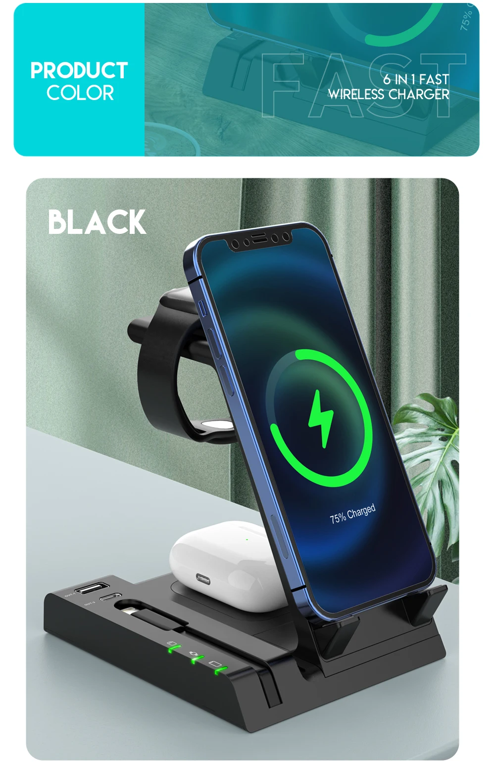 6 in 1 Fast Wireless Charger 15W For iPhone Smart Watch TWS Bluetooth Earphone Qi Fast Charging Pad for Samsung Xiaomi Mi Huawei apple charging station