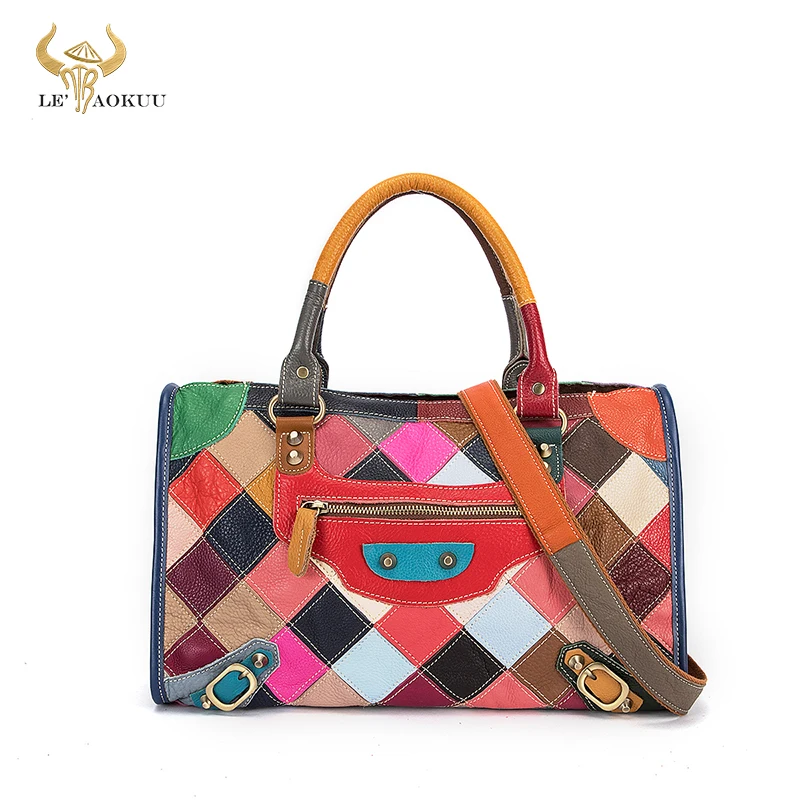 

Original Leather Colorful Ladies Female Plaid Shopper Handbag Multi-color Random Stitching Over The Shoulder Bag Tote bag 271