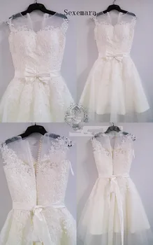 

summer real-picture bow lace appliques bow sexy illusion knee-length Bridal gown 2020 vestido de noiva longo Bridesmaid Dresses