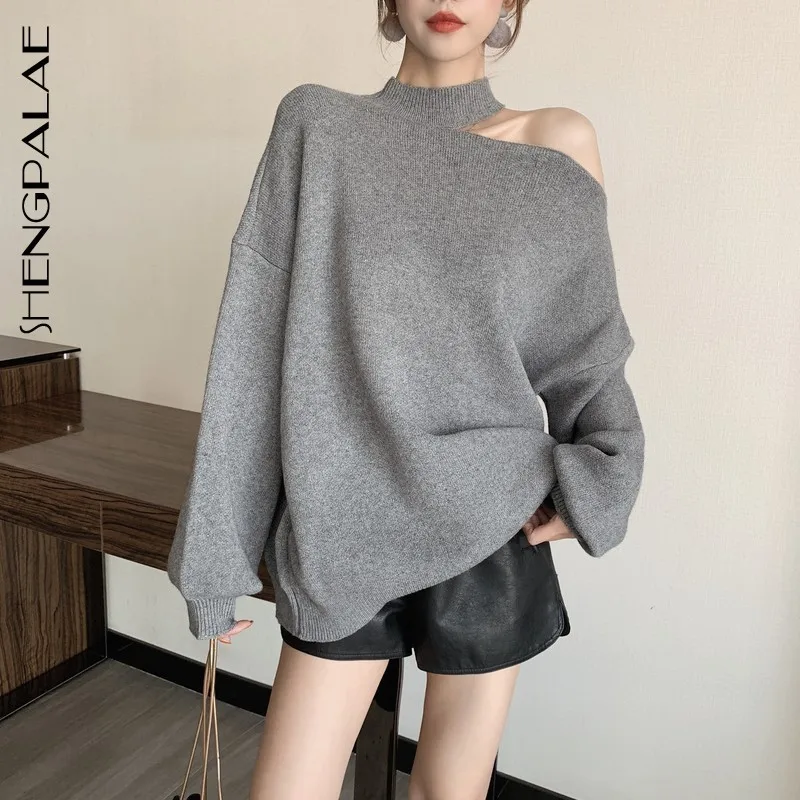 

SHENGPALAE New Spring Autumn 2019 Korea Style Full Flare Sleeve Round-neck Halter Strapless Women Loose Sweater Tide FR737