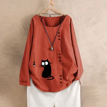 Newest Cat Fish Print Blouse For Womens Long Sleeve Cotton and Linen Kaftan Ladies Baggy Cat Print Shirt Tops Plus Size M-5XL