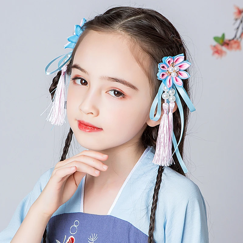 Hanfu Китайский головной убор, детская заколка с кисточками, заколка для маленьких девочек в стиле ретро, антикварные аксессуары, костюм для девочек с цветами