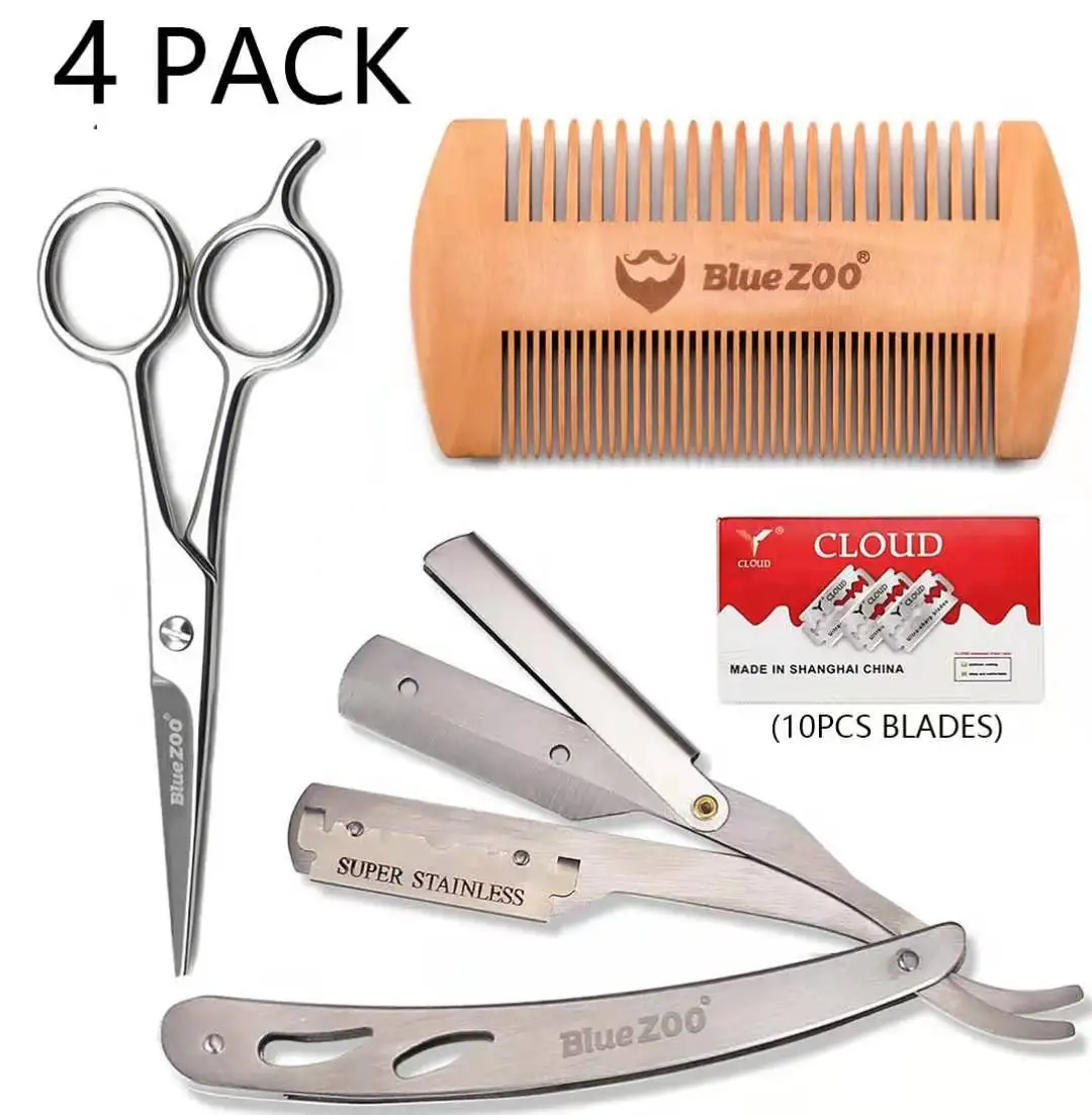 

4 Pcs/Set Beard Care Stainless Steel Barber Razor Hand Shaver Thinning Razor Holder Silver 4 Piece Set