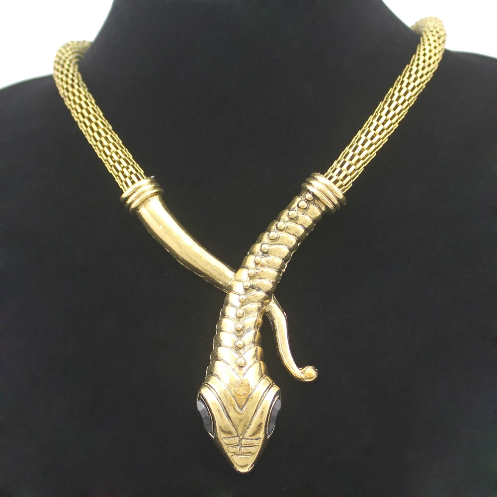 

Vintage Gold Silver Egyptian Cleopatra Snake Serpent Mesh Chain Crystal Gem Eyes Statment Choker Bib Maxi Jewelry Necklace Colar