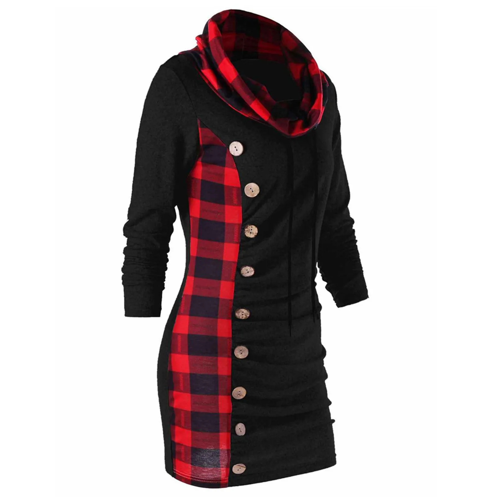 Plaid Long Sleeve Casual Ladies England Style Daily Slim Warm Women Dress With Scarf Collar Buttons