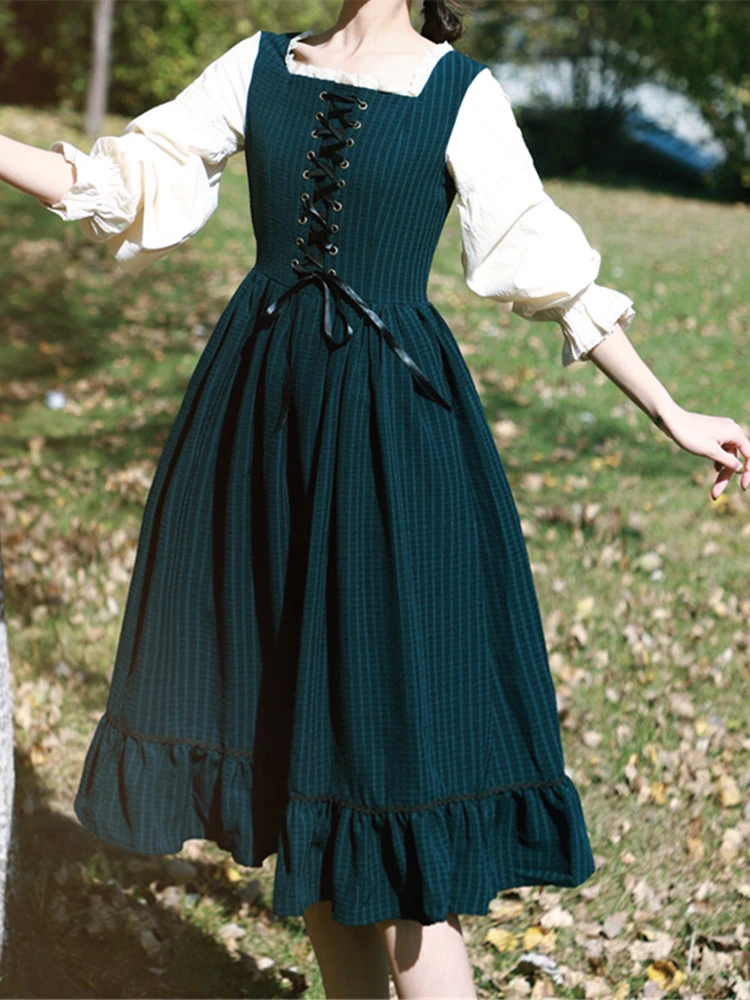 

New Retro French Style Vintage Dress Tea Party Princess Daily Wear Lolita Op Long/short Sleeve Fairy Anime Cosplay Green Gothic