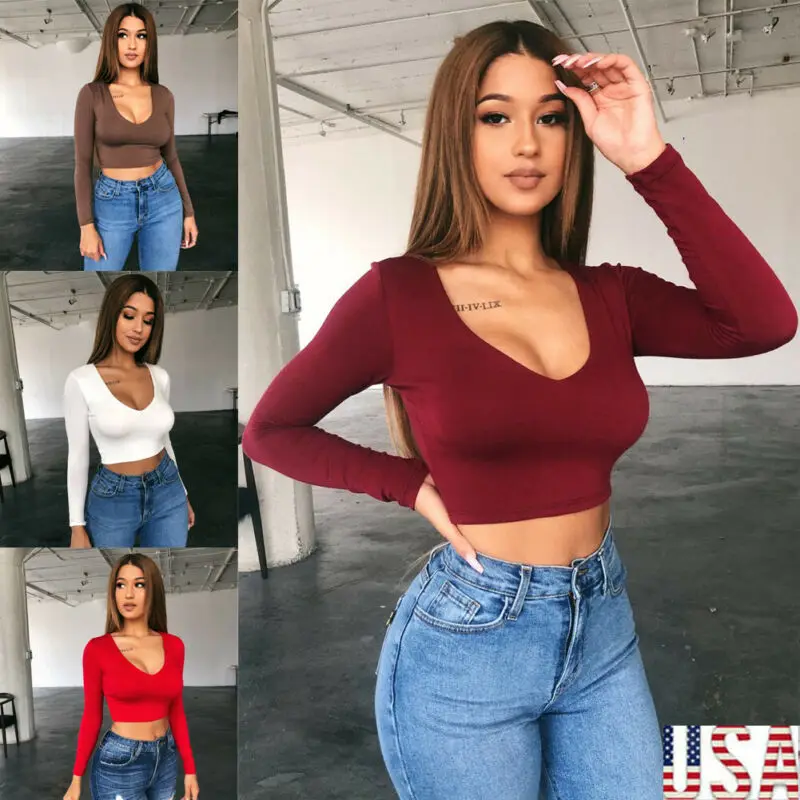 2019 Sexy Women Solid crop top Vest Blouse Bandage Clubwear long sleeve tee tops Skinny Solid Basic Casual Tee Tank Top 5 colors
