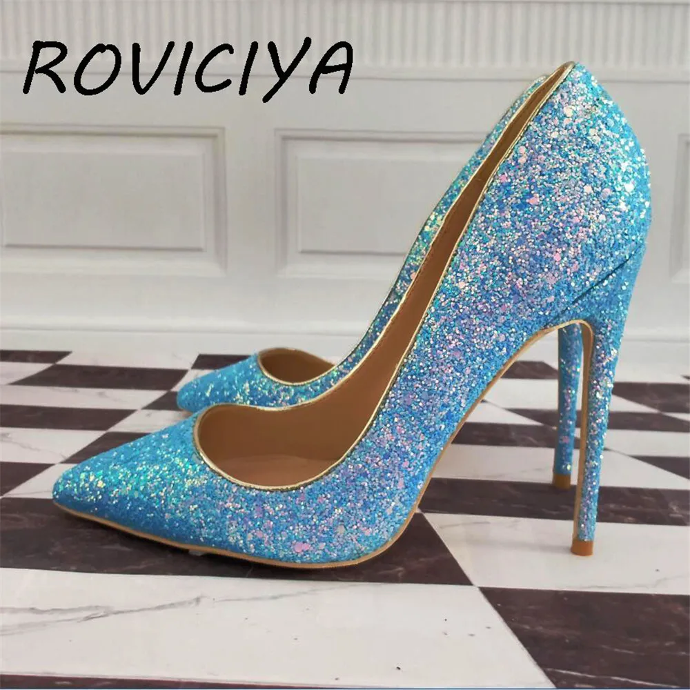 Zapatos brillantes azules de purpurina para mujer, tacones de aguja  puntiagudos de 12 cm, bombas para mujer LF003 ROVICIYA|Zapatos de tacón de  mujer| - AliExpress