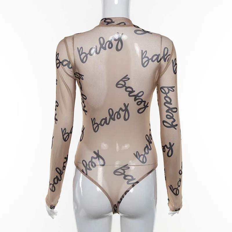 Женственная сетчатая прозрачная макет комбинезон с воротником Топ для женщин с длинным рукавом Прозрачный боди трико телесного цвета