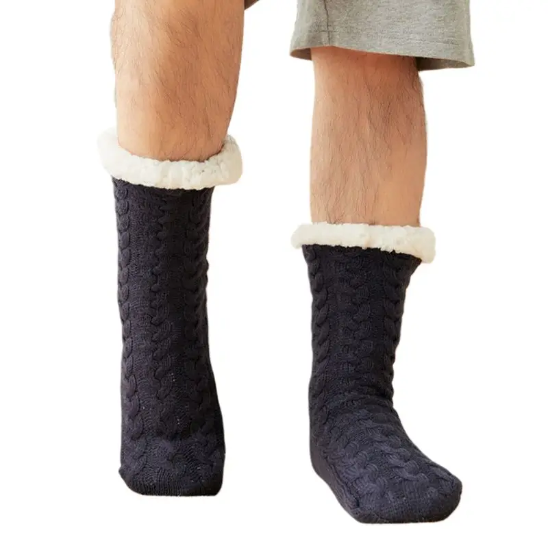 Мужские зимние теплые пушистые носки-тапочки, вязаные однотонные чулочно-носочные изделия с плюшевой подкладкой