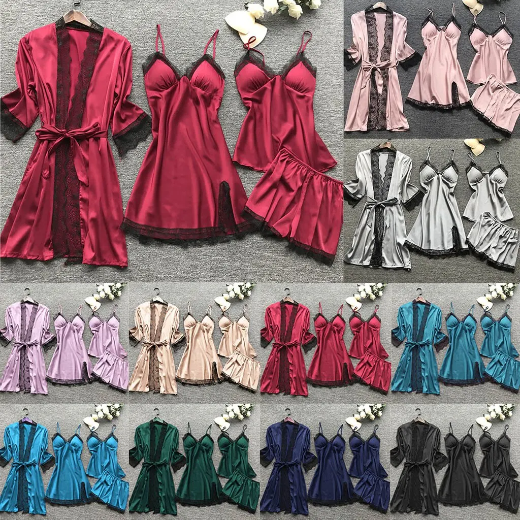 4 Pieces 2021 Women Pajamas Sets Satin Sleepwear Silk Nightwear Pyjama Soild Strap Lace Sleep Lounge Pijama With Chest Pads