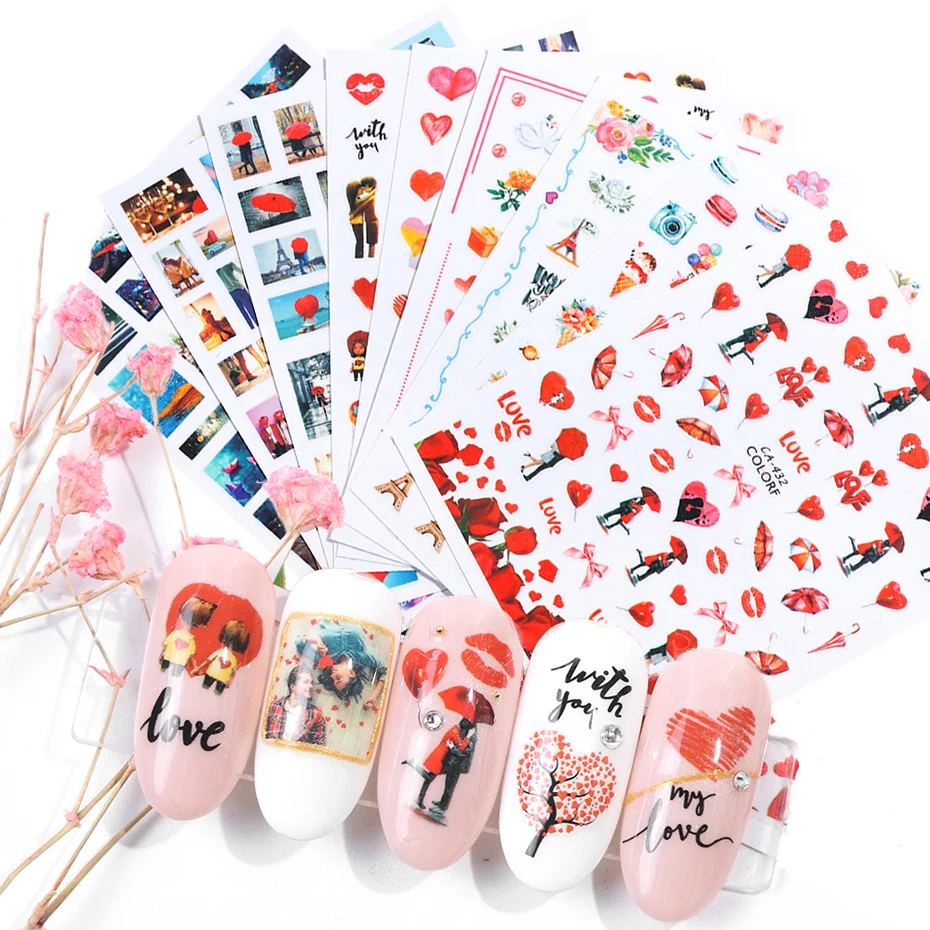 10 шт смешанный дизайн наклейки для ногтей набор лист цветы красочные 3D клей для накладных ногтей наклейки сексуальные буквы ползунки маникюр декор JICA