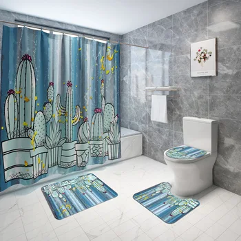 

Colorful cactus Print Shower Curtain 4 Piece Carpet Cover Toilet Cover Bath Mat Pad Set Bathroom Curtain with 12 Hooks