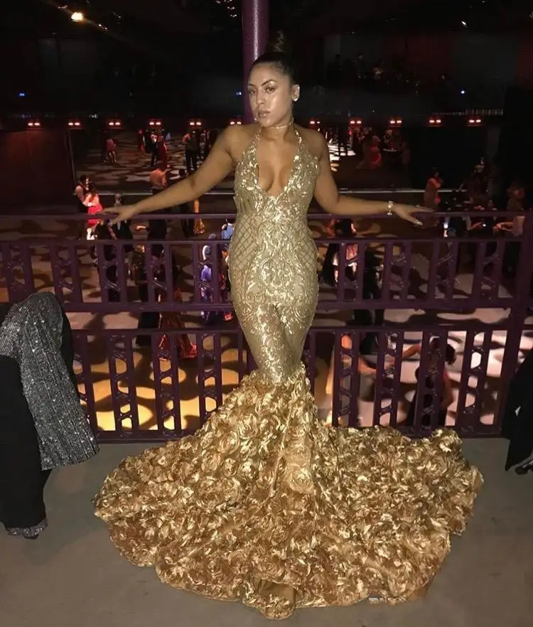 Open Back Long Mermaid Prom Dresses New Halter Neck Sweep Strain Sequined Sleeveless Flower Formal Evening Gowns Party Dress