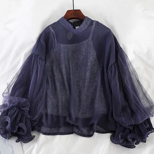 navy blue Neploe/Новинка, женская шифоновая блузка, рубашка, костюмы, марлевые, лоскутные, с пышными рукавами, пуловер, топы и Cami,, комплекты из 2 предметов 54421 - Цвет: navy blue