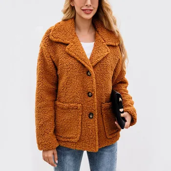

2019 Faux Fur Coat Women Button Lapel Casual Pocket Long Sleeve Warm Cashmere Wool Coat Autumn Winter Thick Warm Soft Jacket