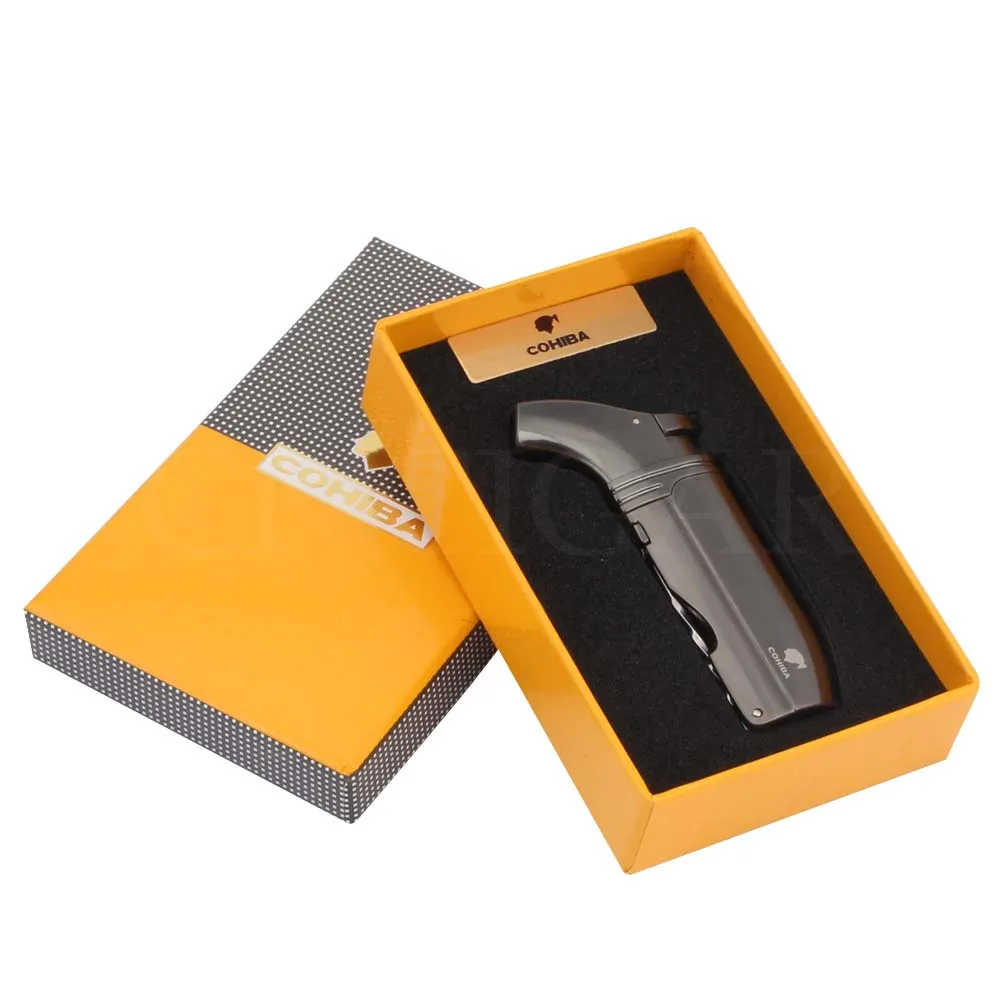 COHIBA карманные зажигалки, металлические ветрозащитные зажигалки для сигар, 2 струйный фонарь, роскошные газовые зажигалки для сигарет