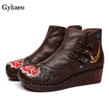 

Gykaeo Woman Chinese Style Embroidery Round Toe Genuine Leather Shoes Mother Cowhide Comfortable Ankle Boots Women Winter Shoes