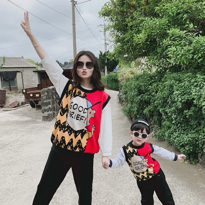 

Children's Sweater Vest 2019 Mother and Son Daughter Matching Clothes Kids Knitted Cartoon Top Vest Shirts for Family Outfits