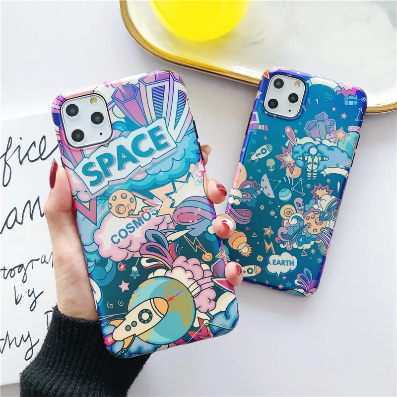 

Colorful Blue Light Cartoon Space Case For iPhone 11 Pro Max XR X Xs Max 7 6 6s 8 Plus 7Plus 8Plus Soft IMD Hard PC Back Covers
