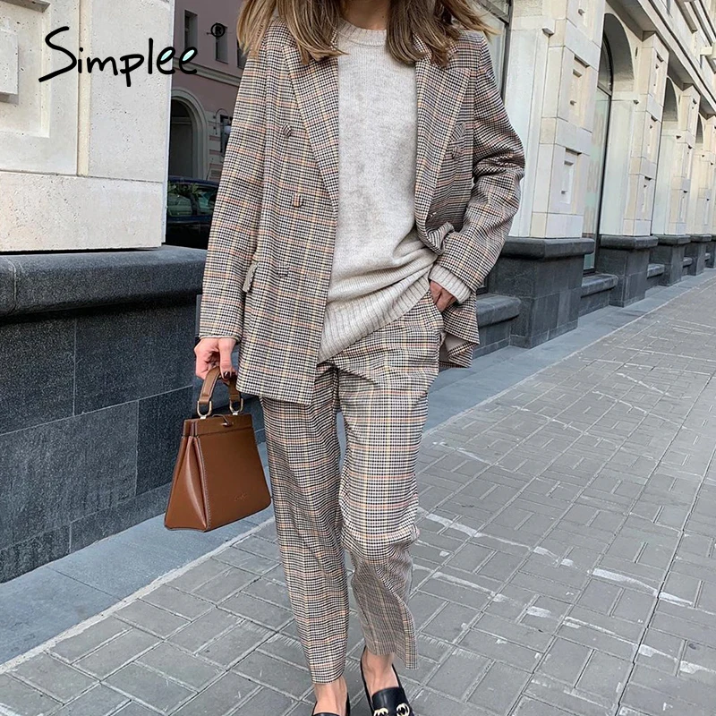 Simplee офисный женский клетчатый Блейзер костюм двубортный с карманами Женский