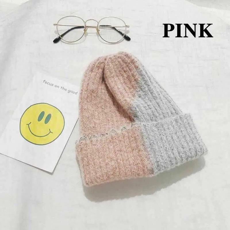 pink Женские вязаные зимние шапки, шерстяные повседневные однотонные кепки, хип-хоп шапки с черепом - Цвет: pink