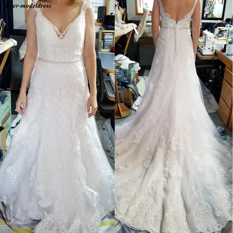 Vestido De Noiva Свадебные платья с кружевной аппликацией, v-образным вырезом, открытой спиной, шлейфом, свадебные платья, платье невесты