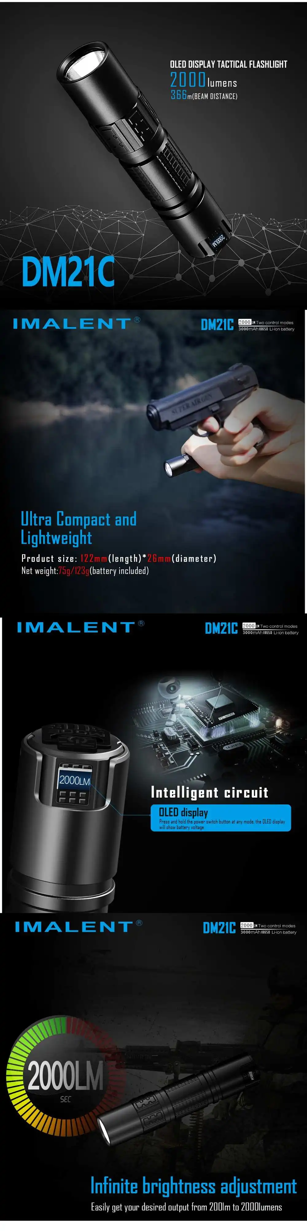 IMALENT DM21C перезаряжаемый фонарик Cree XHP35 HI OLED дисплей 2000LM мини тактический фонарь с Magetic USB+ аккумулятор 18650