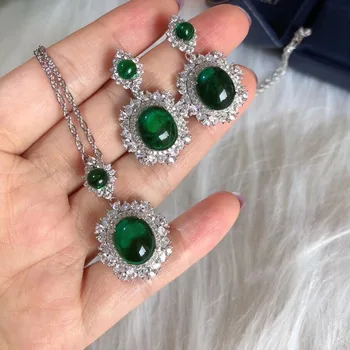 

Women Created Emerald zircon Stone pendant 100% real 925 sterling silver necklace and earrings Party Jewelry set for Anniversary