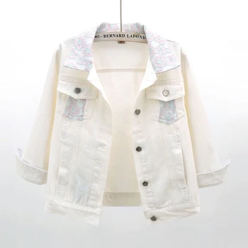 

Fashion Lace Splice Pocket White Denim Jacket Women Spring Loose Three Quarter Sleeve Jeans Jacket Outerwear Short Coats Female