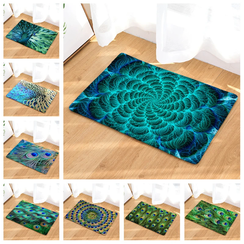 

Feather Printed Flannel Entrance Doormat Peacock Pattern Non Slip Bathroom Carpet Kitchen Mat Home Decorative Living Room Rug