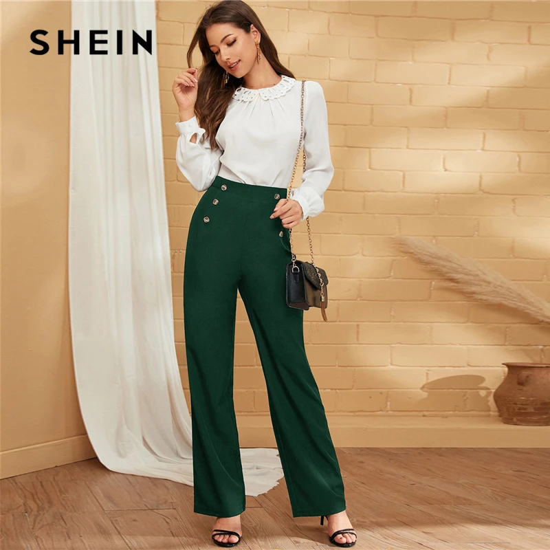SHEIN Green двубортные прямые однотонные длинные брюки женские осенние с высокой талией прямые элегантные офисные платья Брюки