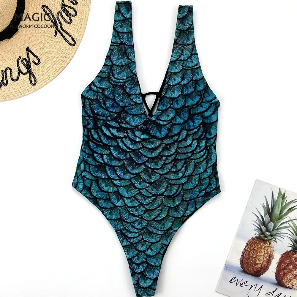 Women Sexy Fish scale Print One Piece Swimsuit Brazilian Fashion High Waist Thong Bodysuit Backless Cut Bandage Swimwear |