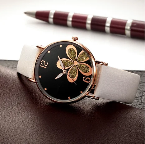 Модные женские кварцевые наручные часы с кожаным ремешком и цветочным принтом оптом