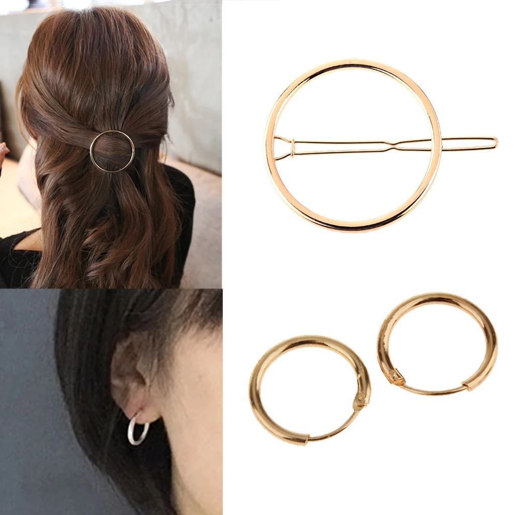 

European Style Simple Geometry Metal Hairpins Hair Clips Round Earing 2Sets