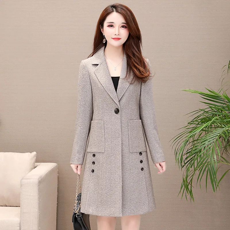 

Simple Long-Style Woolen Cloth Trench Coat 2019 Autumn New Style Korean-style Slim Fit Slimming Fold-down Collar Long Sleeve Ele