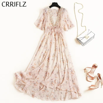 

Long Lace Up Chiffon Dress Women V Neck Short Sleeve Elasticated Waist A Line Dress Female New Casual Summer Dress CRRIFLZ
