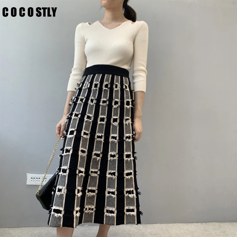 

Winter Skirt Knitted High Waist Skirt Women Korea Fahion Hole Knit Skirt Casual Striped Long Skirt Femme Faldas Mujer