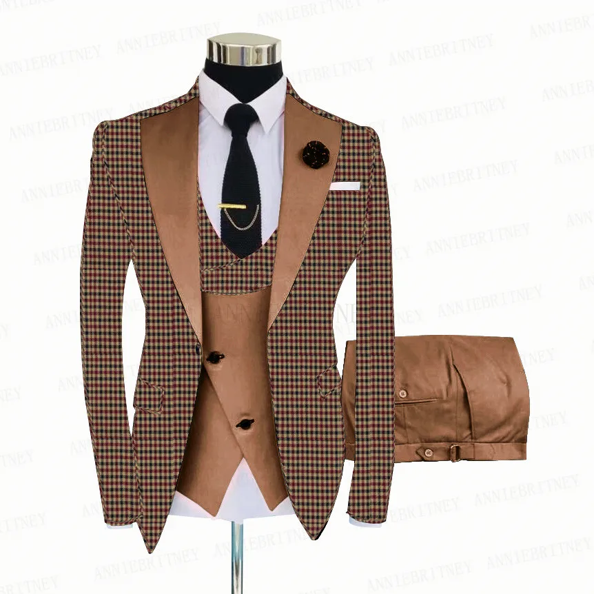 Fashion Burgundy Plaid Men Suits 3 Pieces Formal Slim Fit Business Blazer Sets Groom Prom Wedding Suit Tuxedo Costume Homme