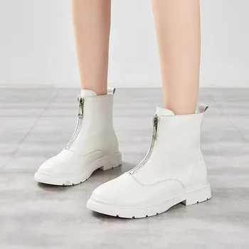 

2020 fashion front zip breathable cow genuine leather boots wmen flat ankle Spring/Autumn off white black female shoes Round Toe
