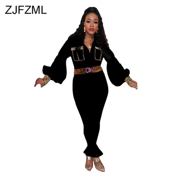 

Side Pockets Sexy Flare Jumpsuit Women Turn Down Collar Buttons Office Lady Elegant Overalls Patchwork Slim Long Sleeve Bodysuit